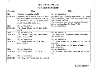 Lịch công tác tuần 20 (từ ngày 26/1/2026 đến ngày 31/1/2026)