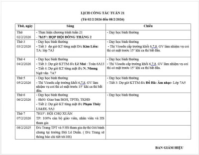 Lịch công tác tuần 21 (từ ngày 2/2/2026 đến ngày 7/2/2026)