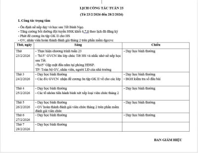 Lịch công tác tuần 23 (từ ngày 23/2/2026 đến ngày 28/2/2026)