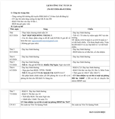 Lịch công tác tuần 24 (từ ngày 2/3/2026 đến ngày 7/3/2026)