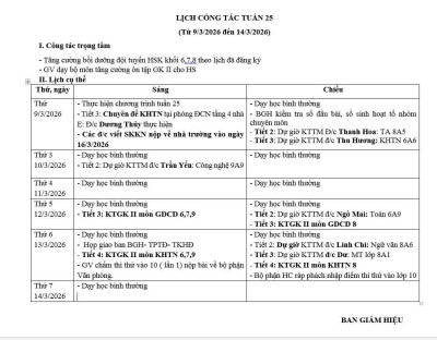 Lịch công tác tuần 25 (từ ngày 9/3/2026 đến ngày 14/3/2026)