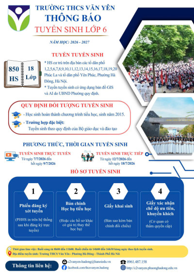 📣📣 TRƯỜNG THCS VĂN YÊN THÔNG BÁO TUYỂN SINH LỚP 6 NĂM HỌC 2026 – 2027 📣📣