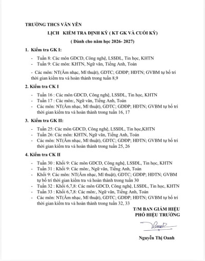 Lịch kiểm tra định kỳ(Kiểm tra giữa kì và cuối kỳ dành cho năm học 2026-2027)