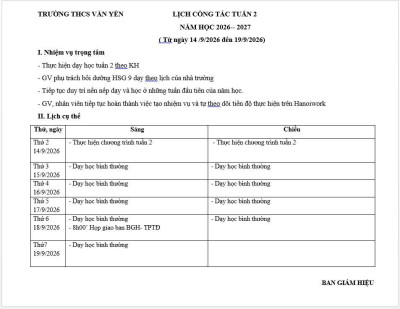 Lịch công tác tuần 2(từ ngày 14/9/2026 đến ngày 19/9/2026)