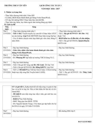 Lịch công tác tuần 3(từ ngày 21/9/2026 đến ngày 26/9/2026)