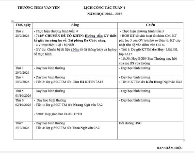Lịch công tác tuần 4(từ ngày 28/9/2026 đến ngày 3/10/2026)