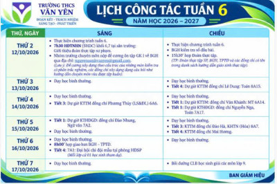 Lịch công tác tuần 6(từ ngày 12/10/2026 đến ngày 17/10/2026)