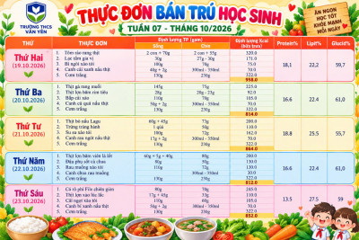 Thực đơn bán trú tuần 7(từ ngày 19/10/2026 đến ngày 24/10/2026)