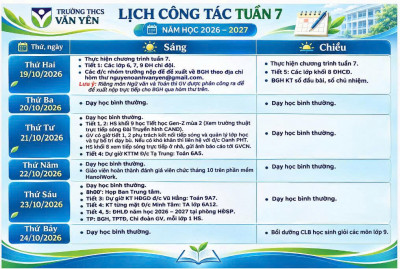 Lịch công tác tuần 7(từ ngày 19/10/2026 đến ngày 24/10/2026)