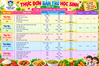 Thực đơn bán trú tuần 8(từ ngày 26/10/2026 đến ngày 31/10/2026)