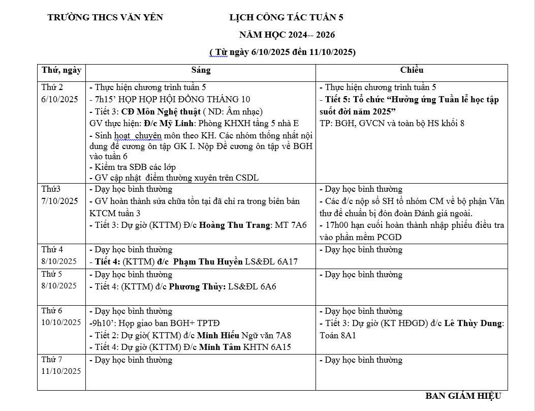 Lịch công tác tuần 5 (từ ngày 6/10/2025 đến ngày 11/10/2025)