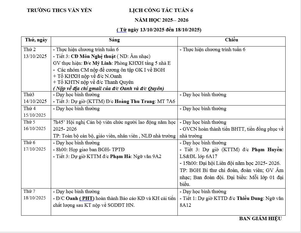 Lịch công tác tuần 6 (từ ngày 13/10/2025 đến ngày 18/10/2025)