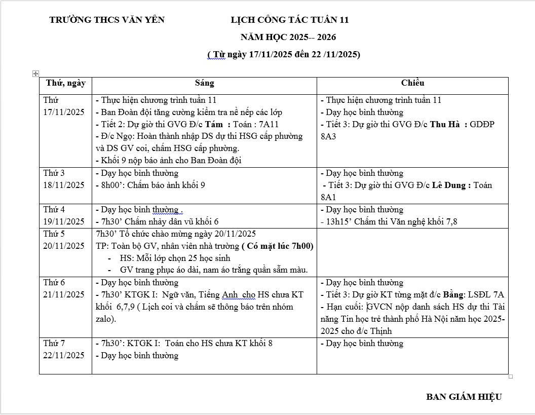 Lịch công tác tuần 11 (từ ngày 17/11/2025 đến ngày 22/11/2025)