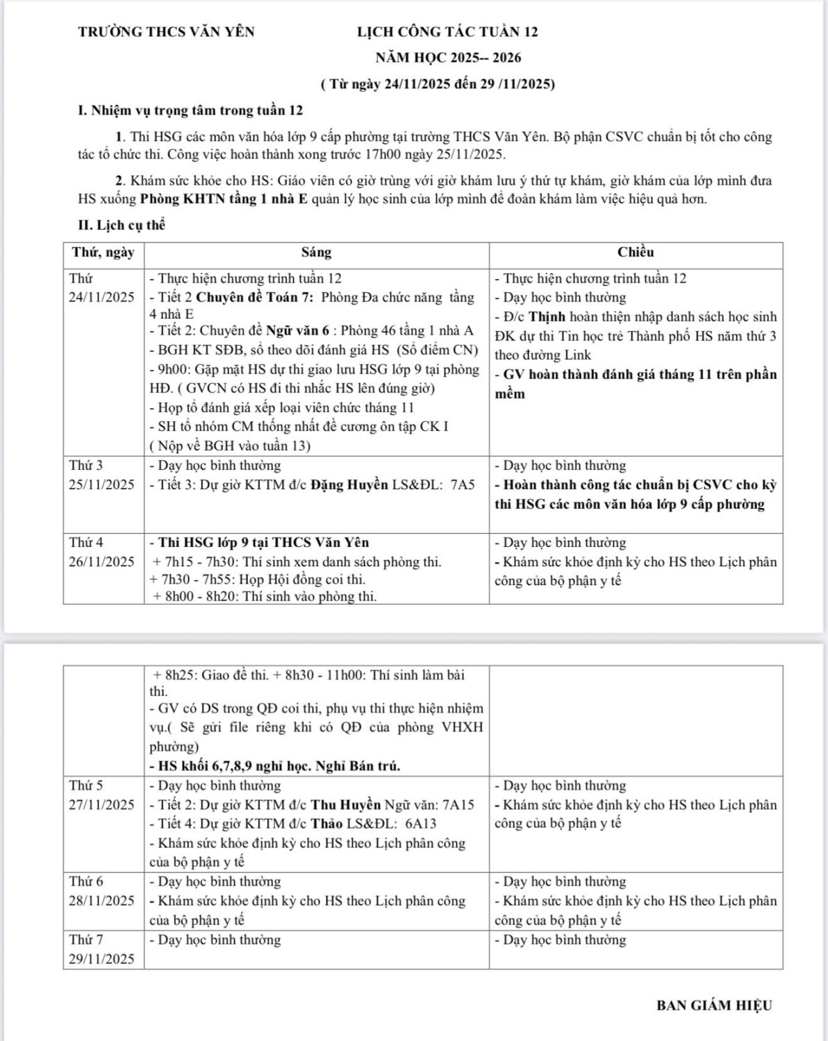 Lịch công tác tuần 12 (từ ngày 24/11/2025 đến ngày 29/11/2025)