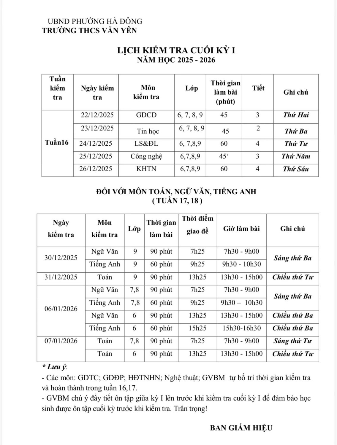 LỊCH KIỂM TRA CUỐI HỌC KÌ I. NĂM HỌC 2025-2026