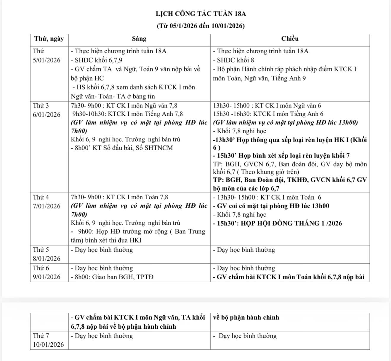 Lịch công tác tuần 18A (từ ngày 05/1/2026 đến ngày 10/1/2026)