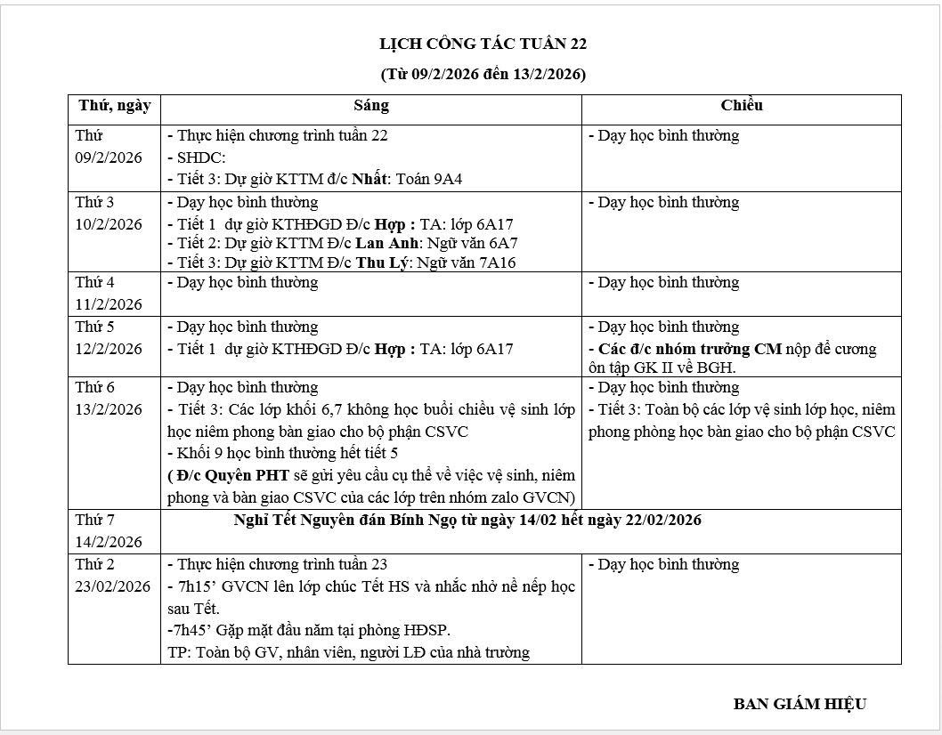 Lịch công tác tuần 22 (từ ngày 9/2/2026 đến ngày 13/2/2026)