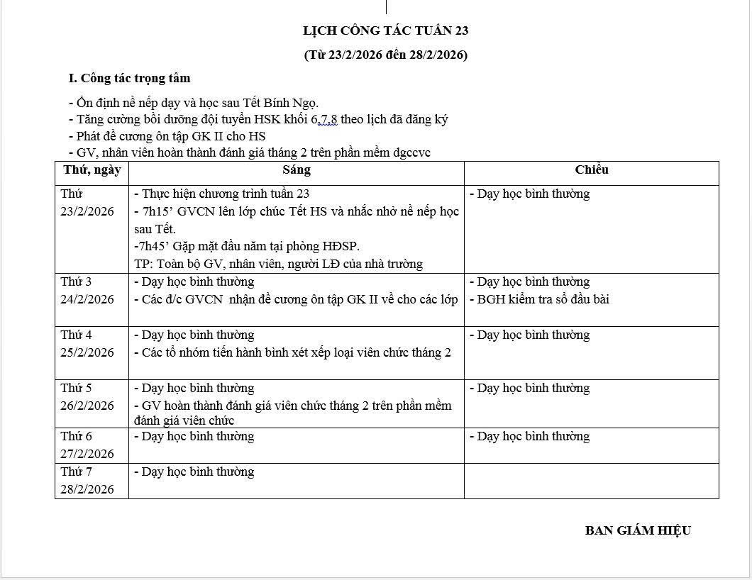 Lịch công tác tuần 23 (từ ngày 23/2/2026 đến ngày 28/2/2026)