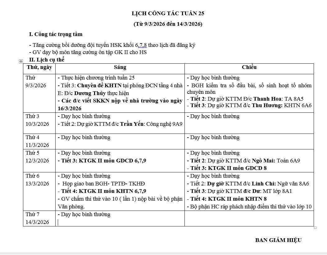 Lịch công tác tuần 25 (từ ngày 9/3/2026 đến ngày 14/3/2026)