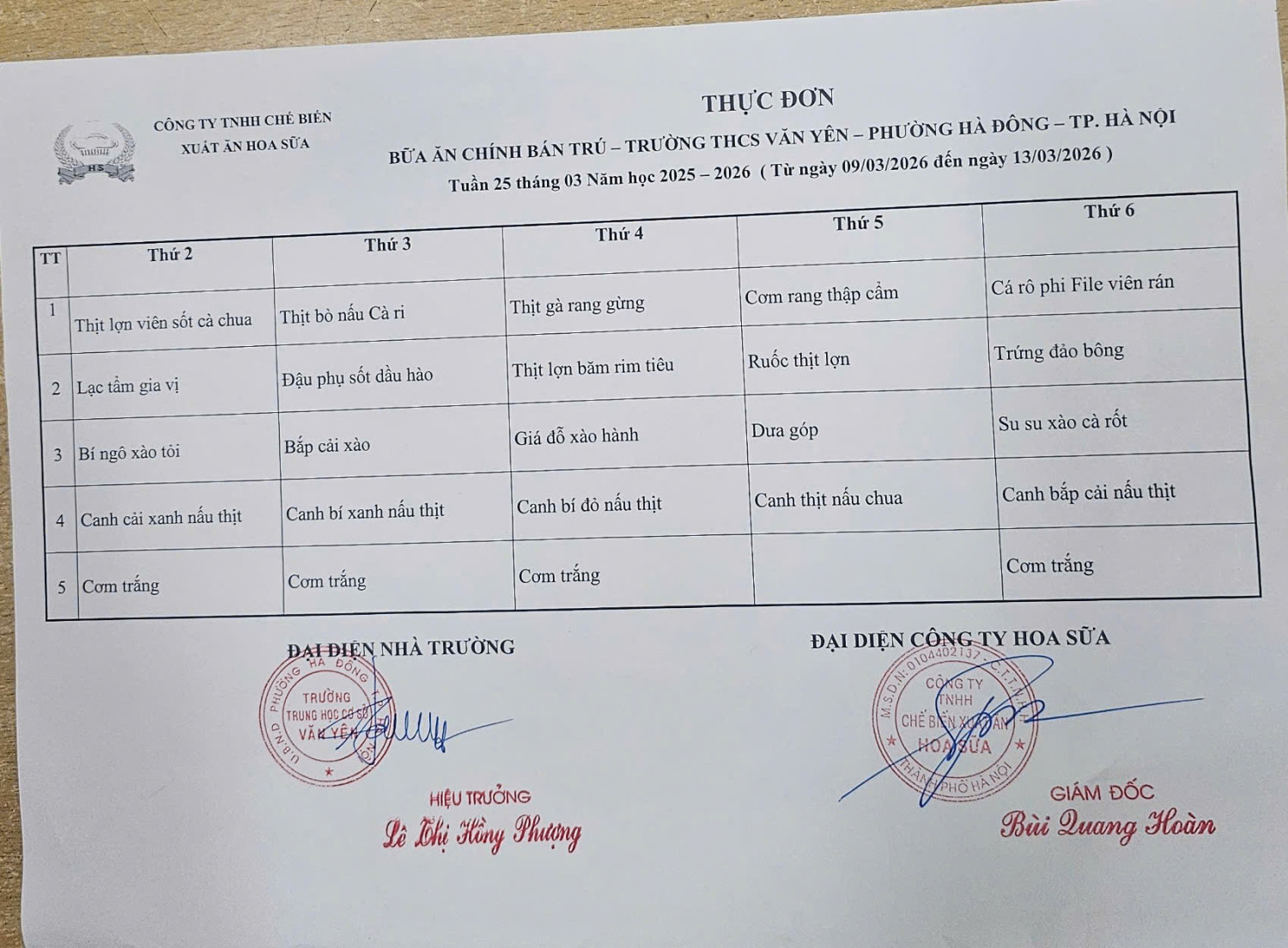 Thực đơn tuần 25(từ ngày 9/3/2026 đến ngày 14/3/2026)