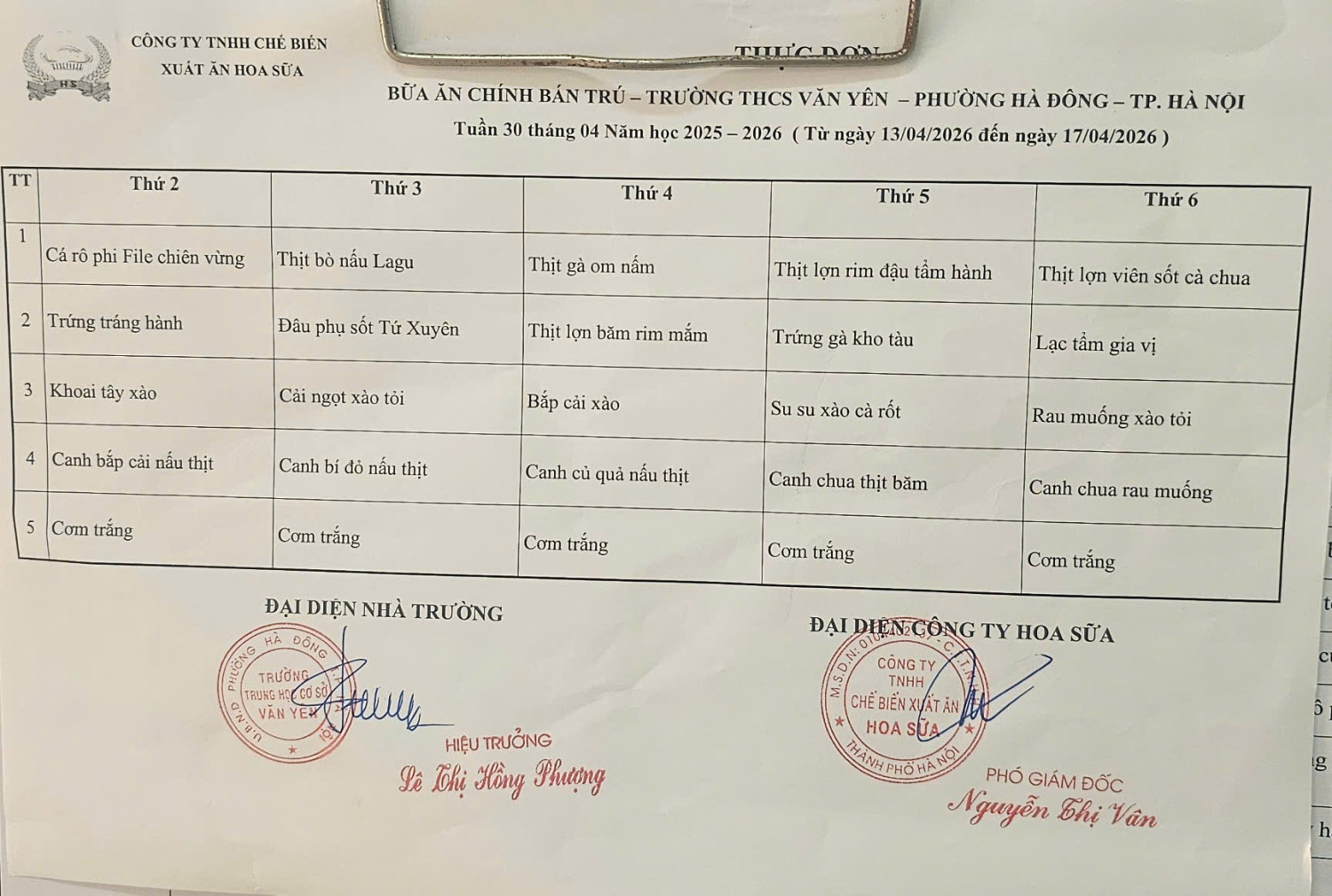 Thực đơn tuần 30 (từ ngày 13/4/2026 đến ngày 18/4/2026)