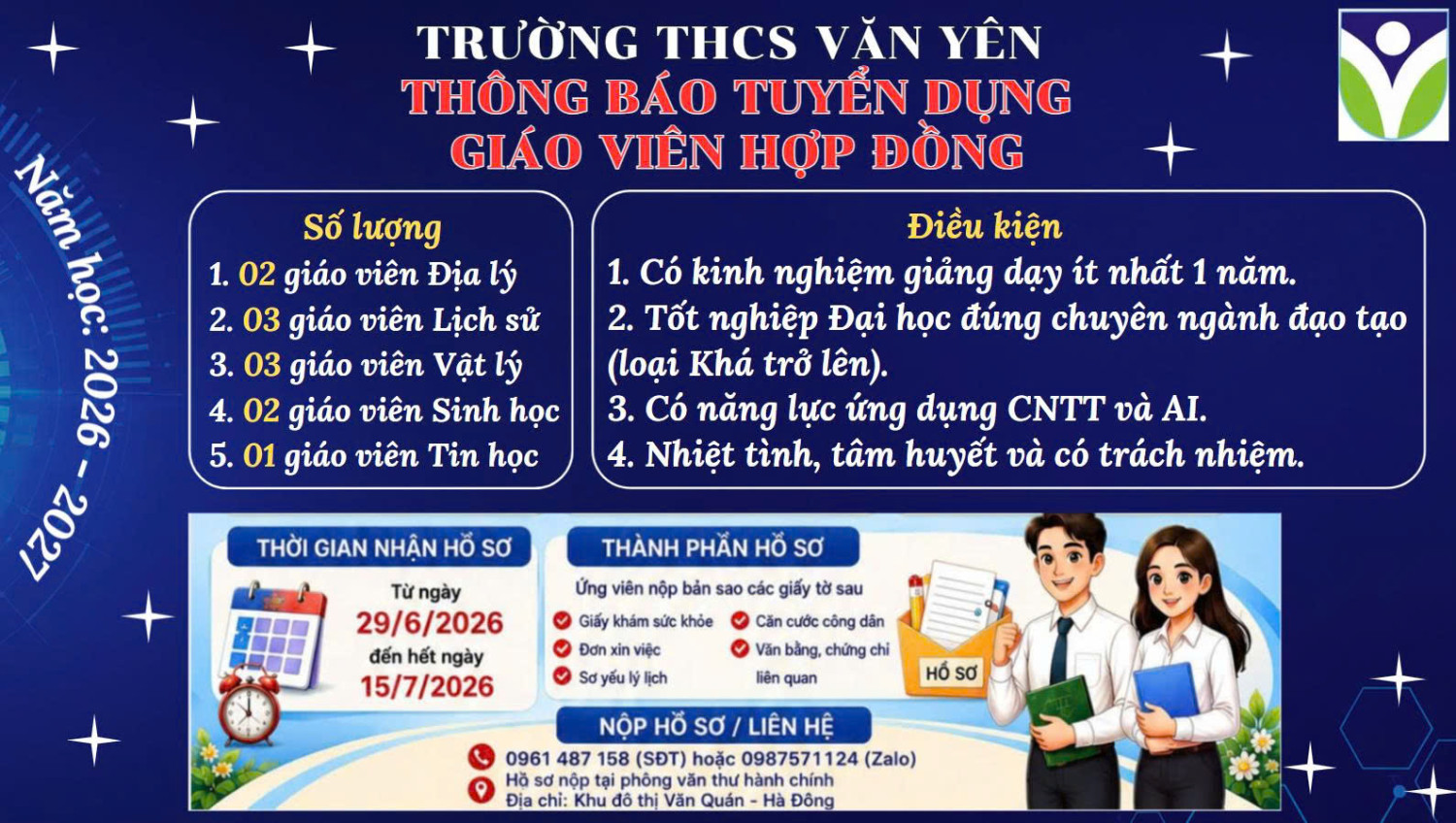 Thông báo tuyển dụng giáo viên hợp đồng năm học 2026-2027
