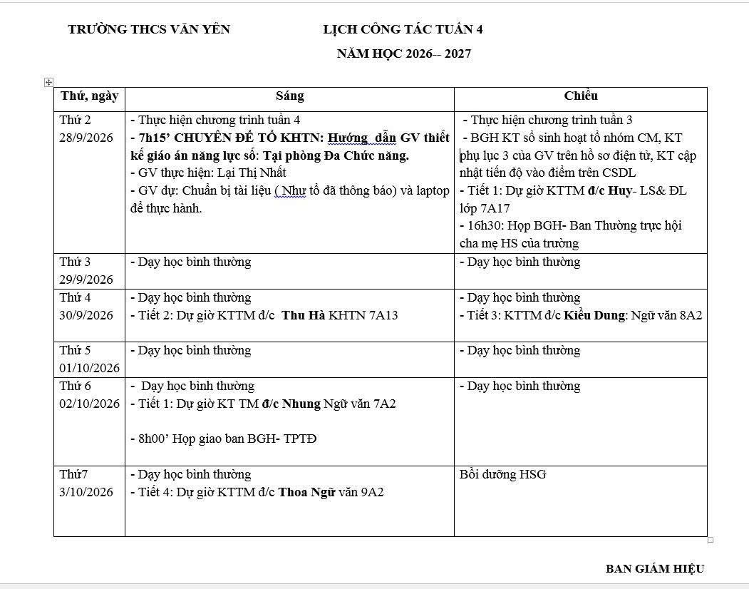 Lịch công tác tuần 4(từ ngày 28/9/2026 đến ngày 3/10/2026)