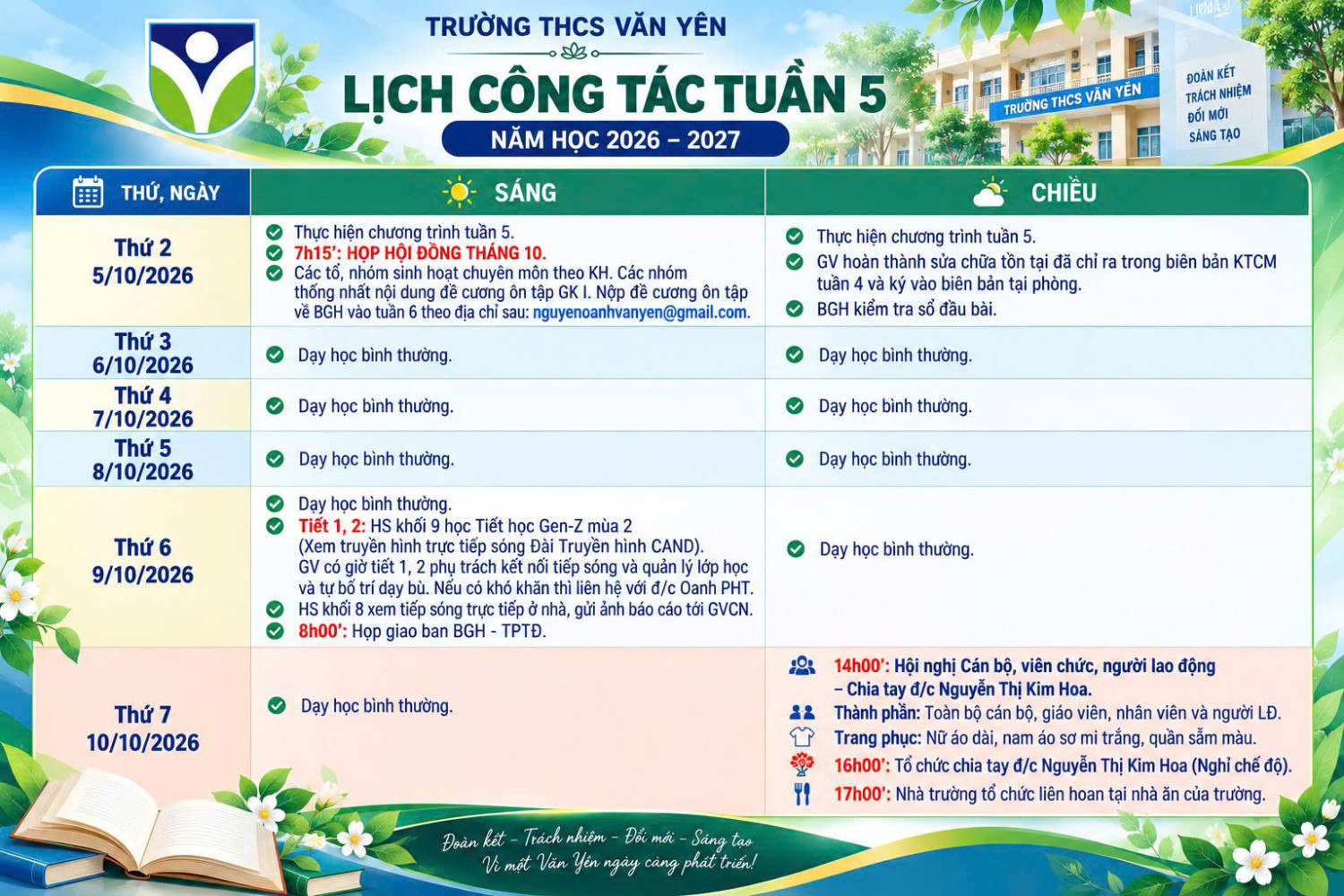 Lịch công tác tuần 5(từ ngày 5/10/2026 đến ngày 10/10/2026)