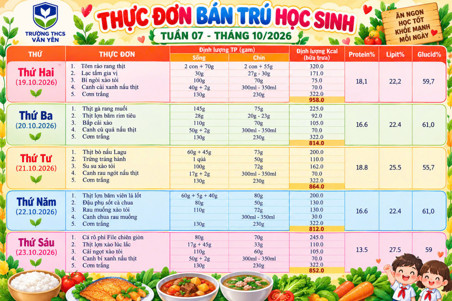 Thực đơn bán trú tuần 7(từ ngày 19/10/2026 đến ngày 24/10/2026)