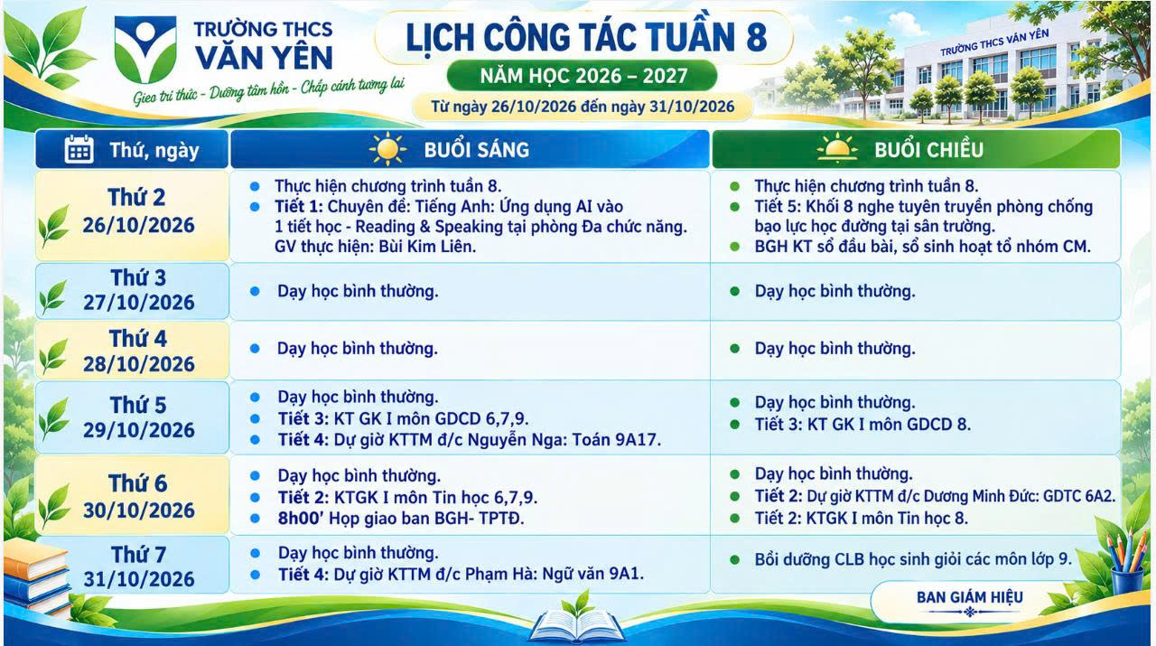 Lịch công tác tuần 8(từ ngày 26/10/2026 đến ngày 31/10/2026)